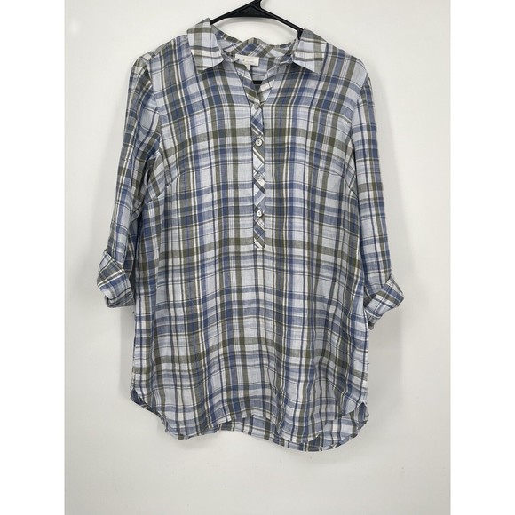 J JILL Tunic PS Shirt Plaid 100% Linen 1/2 Button Front Roll Tab Sleeve Blue - Picture 1 of 6